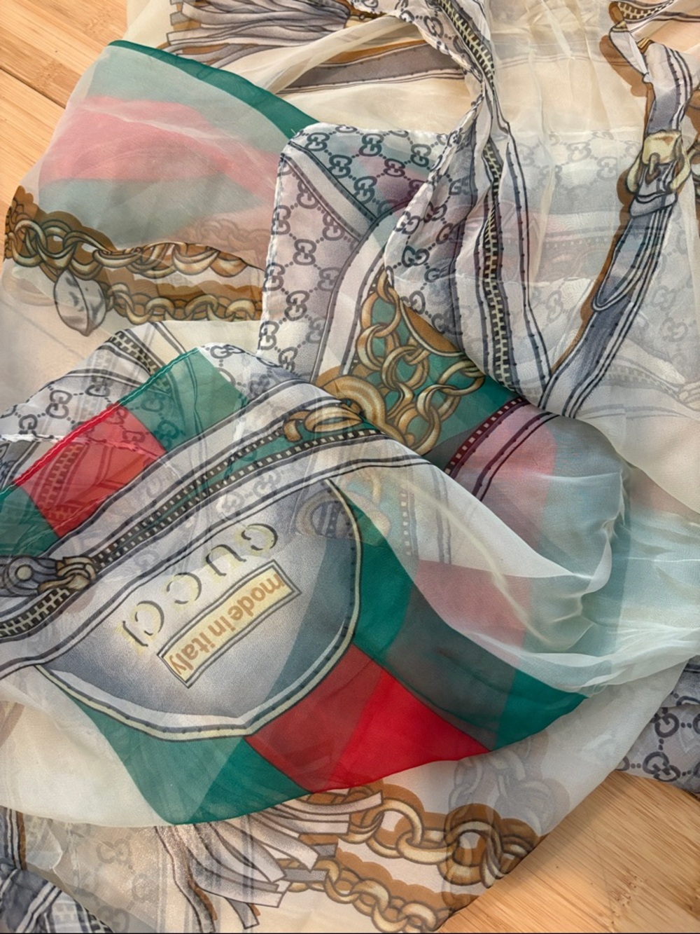 Gucci Pastel Stripe & Chain Silk Scarf - Cream, Pink, Mint, Teal - Picture 3 of 3